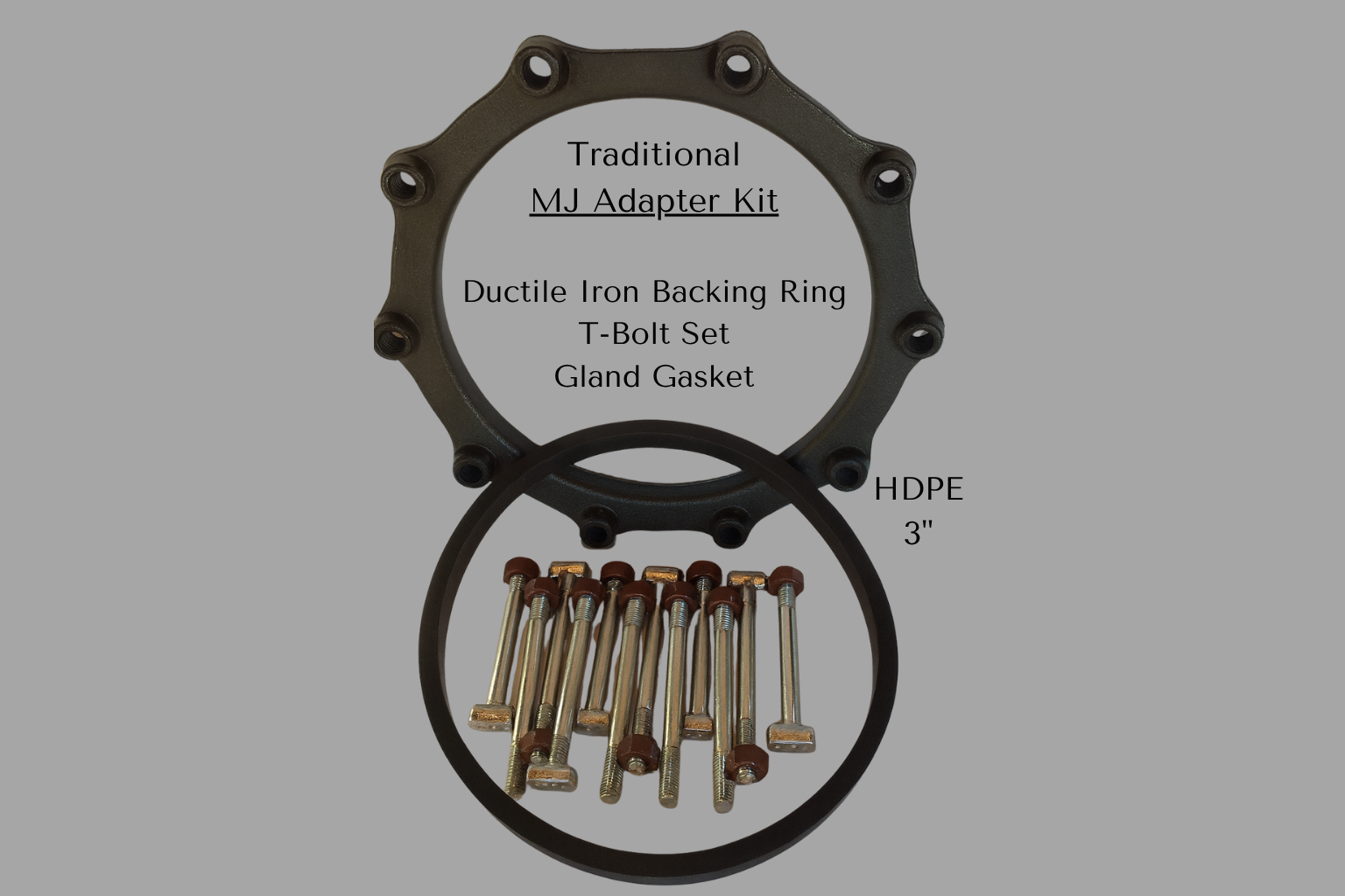 3 inch MJ adapter kit with gland ring, gasket, and T-bolts